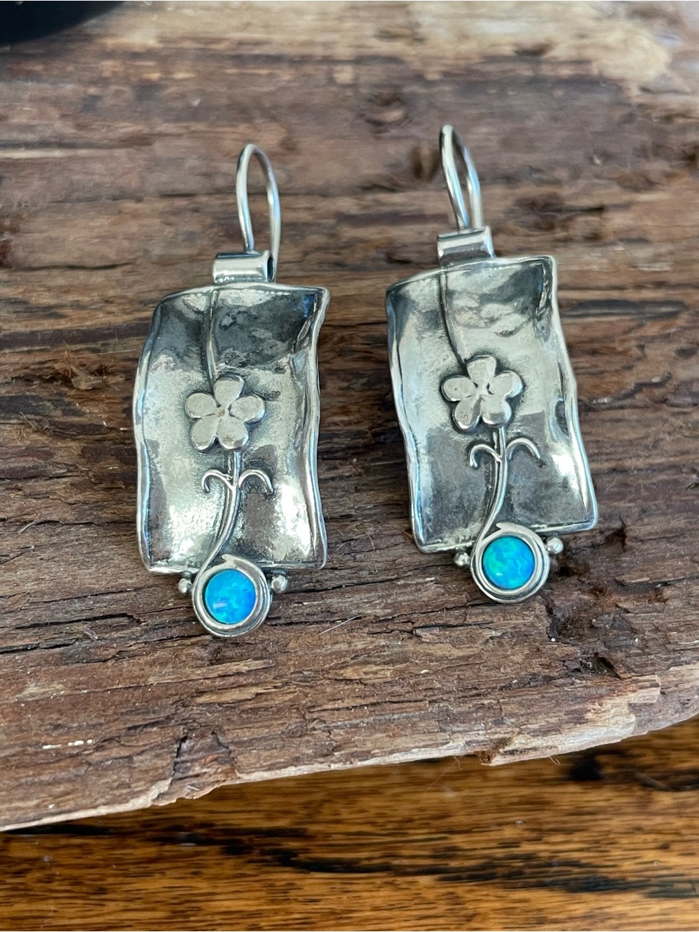 Sterling Silver Floral Rectangle Drop Earrings with Blue Opal Accent